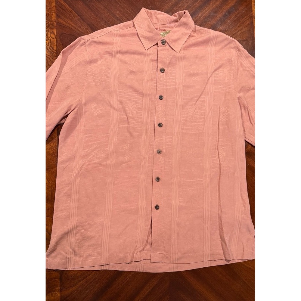Caribbean Pineapple Mens L Silk Blend‎ Hawaiian Shirt Pink Jacquard Tropical